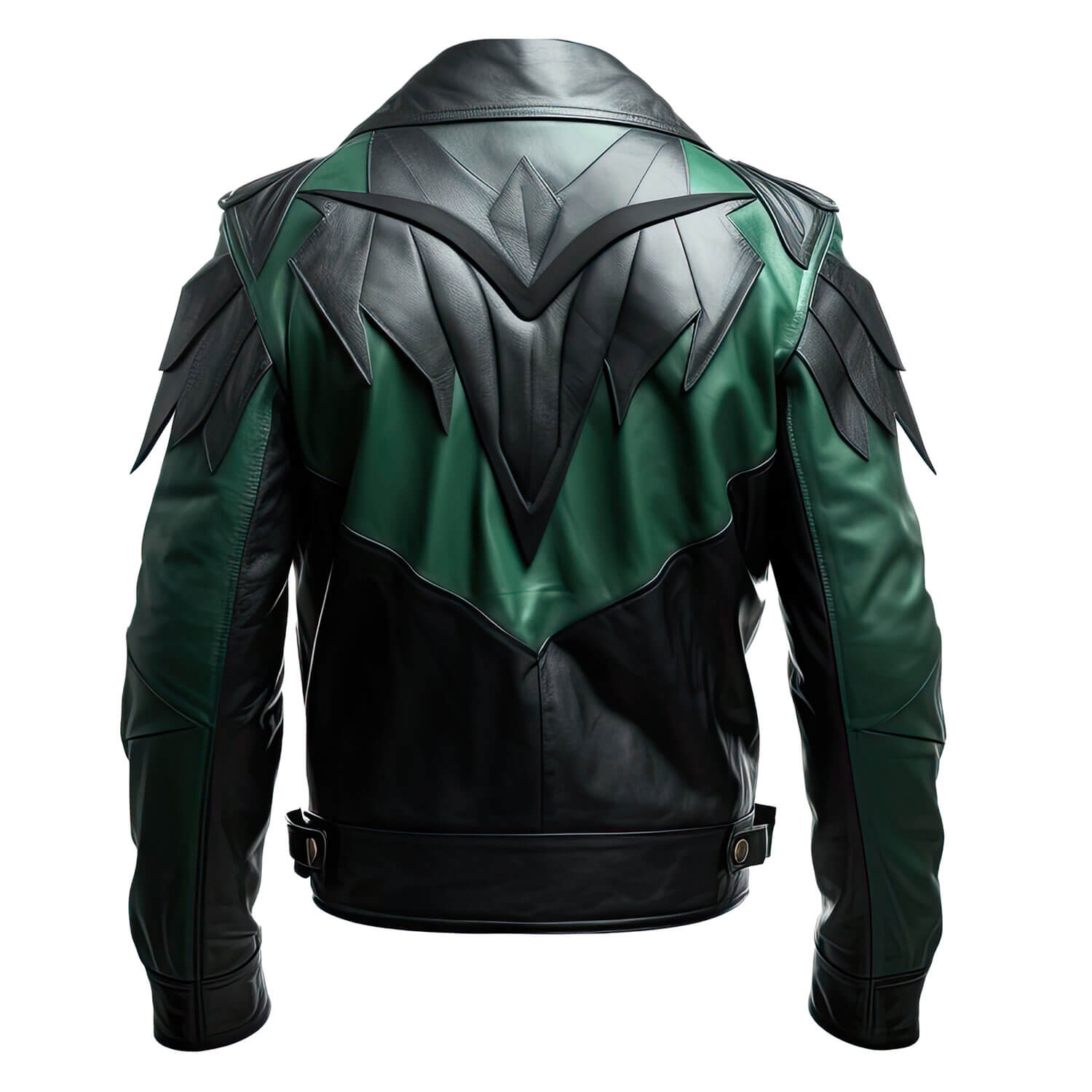 Men's Green Black Genuine Sheepskin Biker Shirt Collar Punk Zip-up Winter Lightweight Fashionable Racer Leather Jacket - Back View - DENIMS
