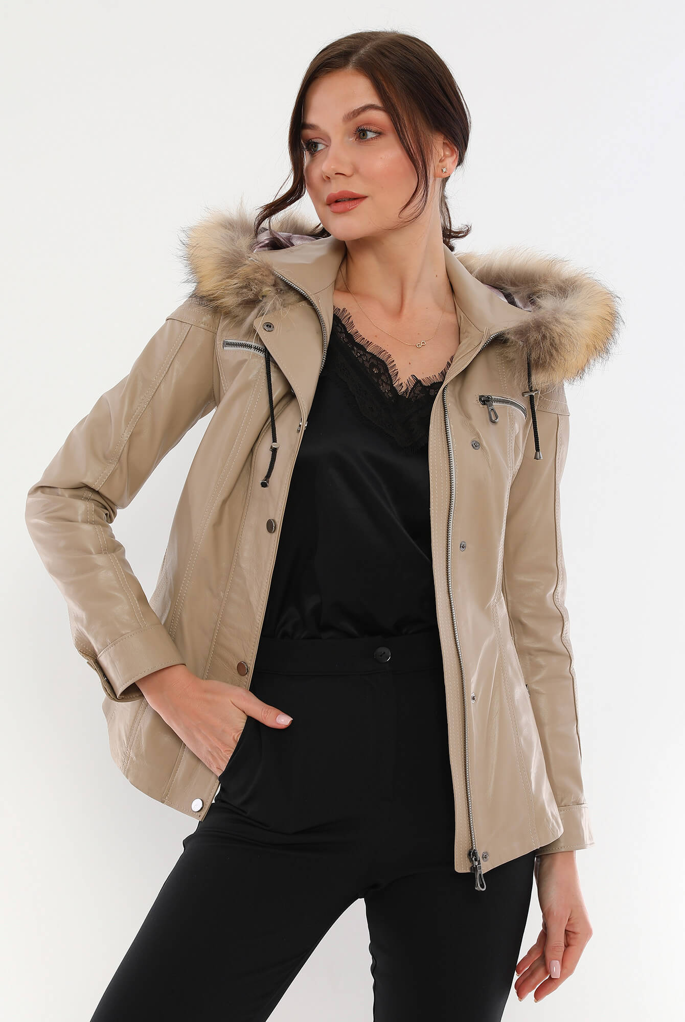 Veronica Beige Hood Leather Jacket With Fur