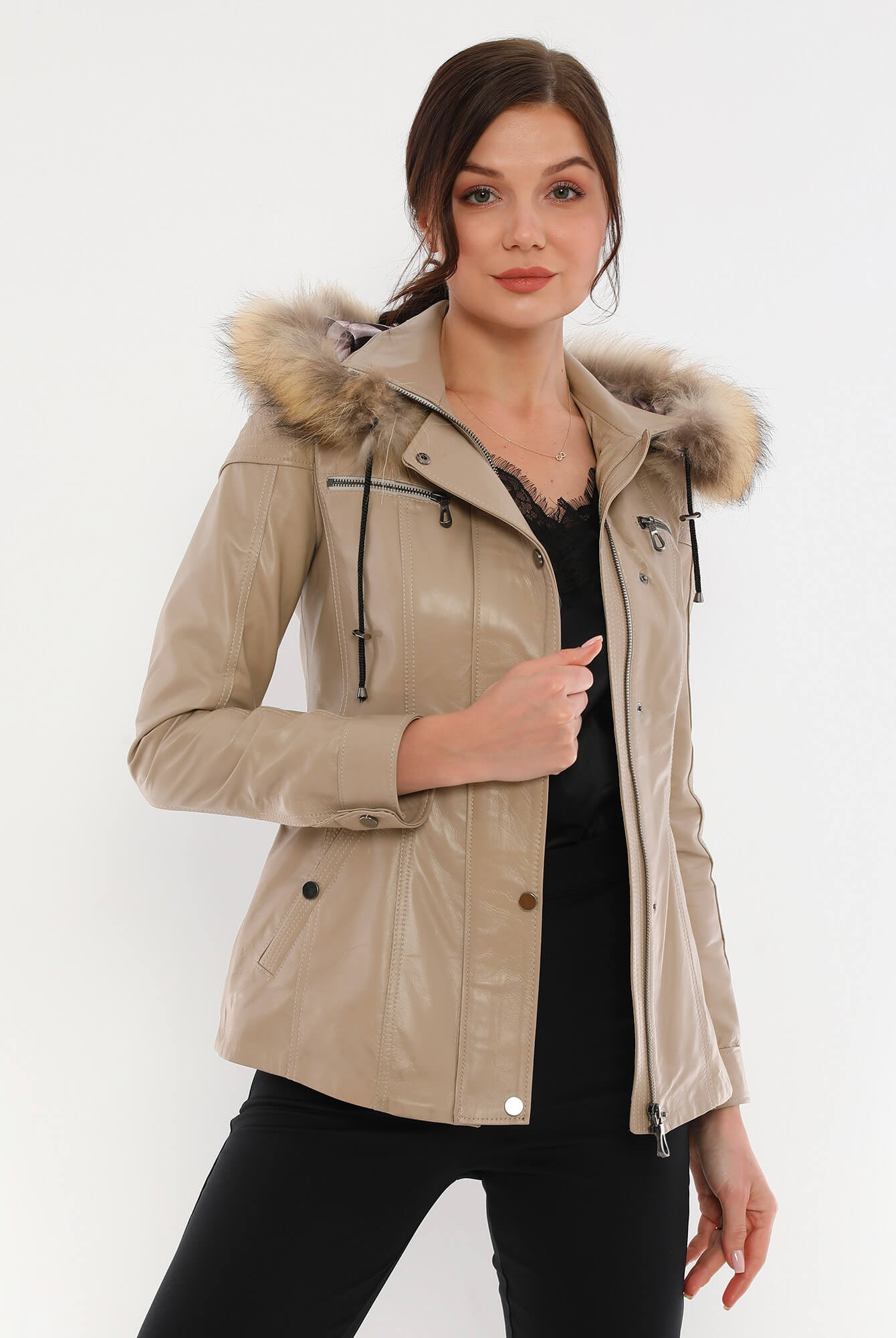 Veronica Beige Hood Leather Jacket With Fur