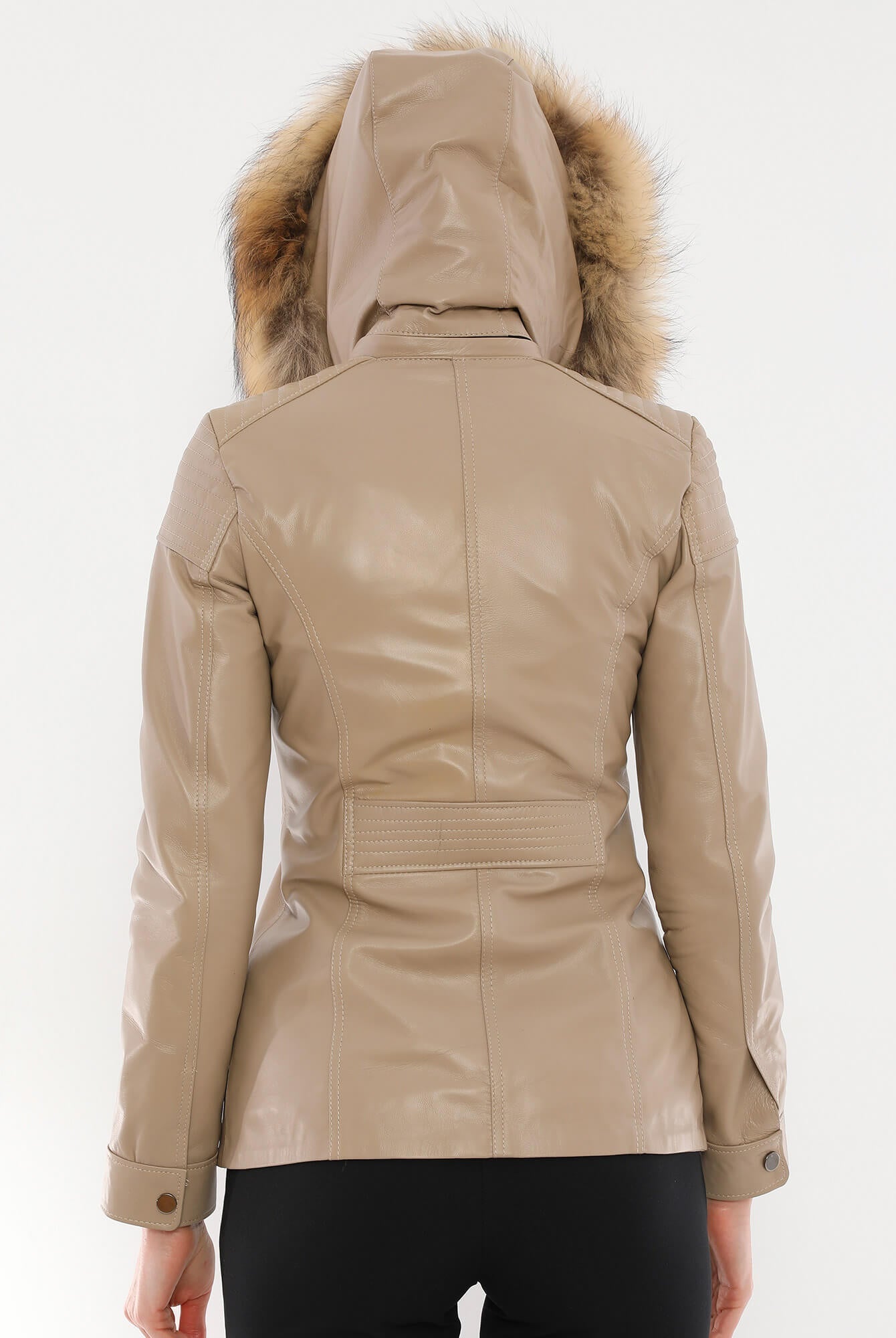 Veronica Beige Hood Leather Jacket With Fur