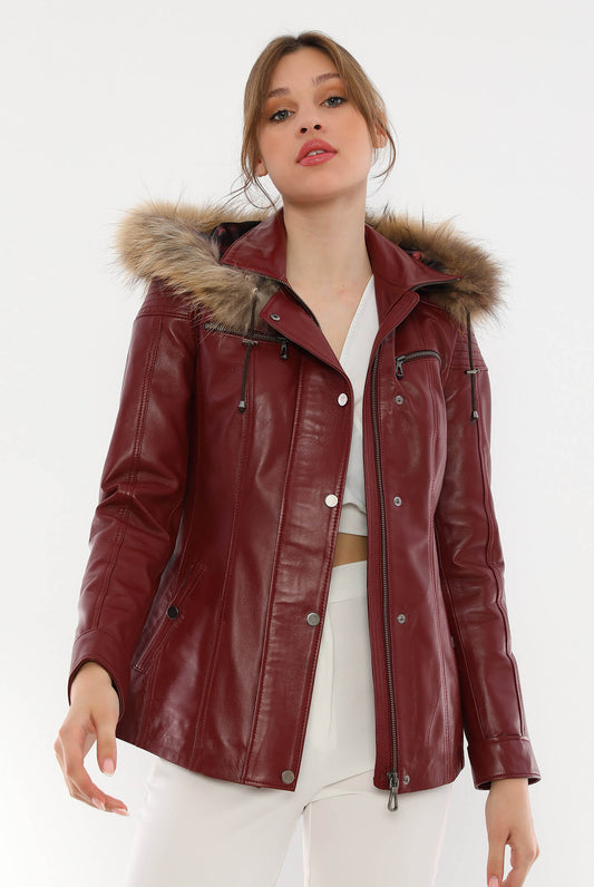 Veronica Maroon Hood Leather Jacket With Fur