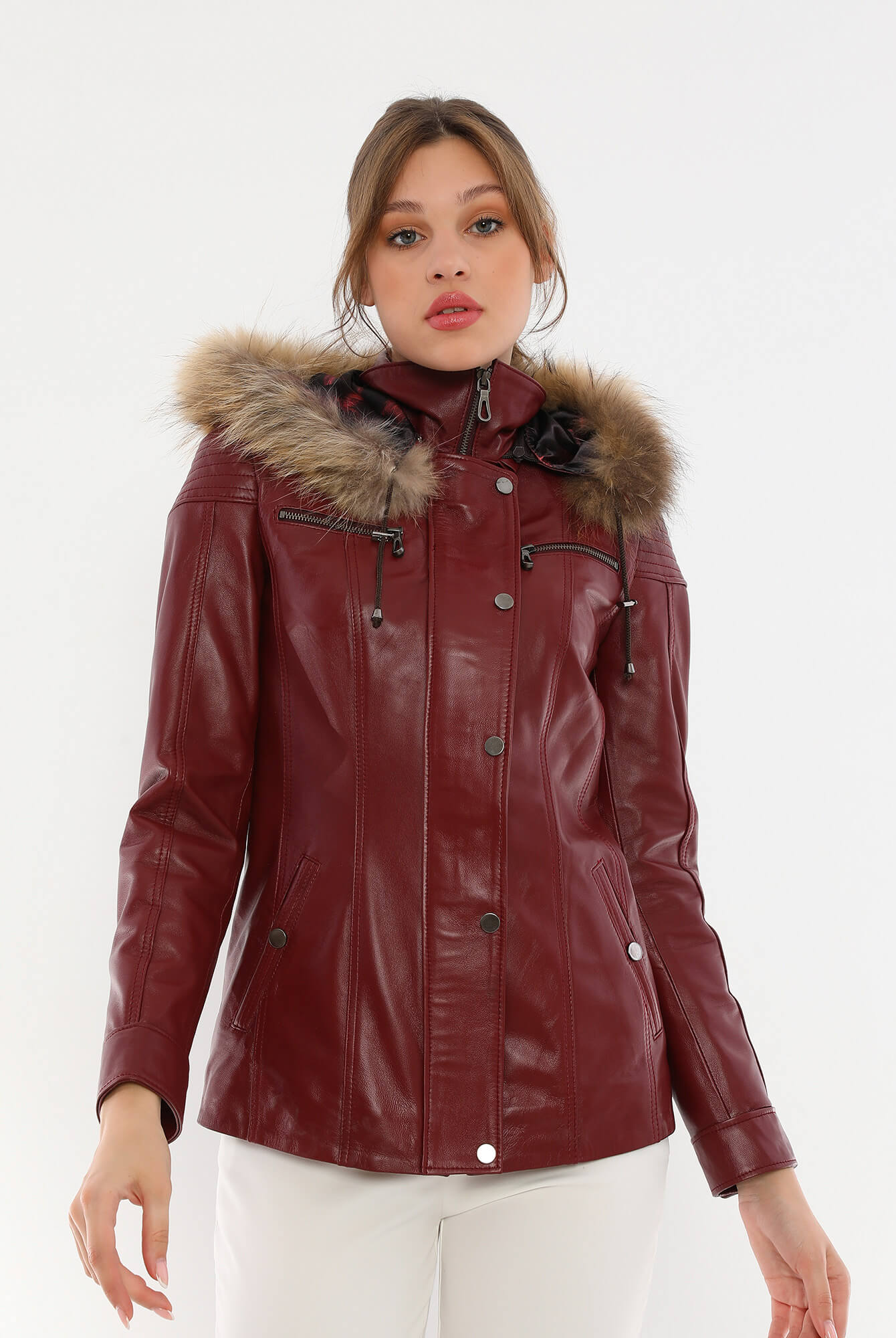 Veronica Maroon Hood Leather Jacket With Fur