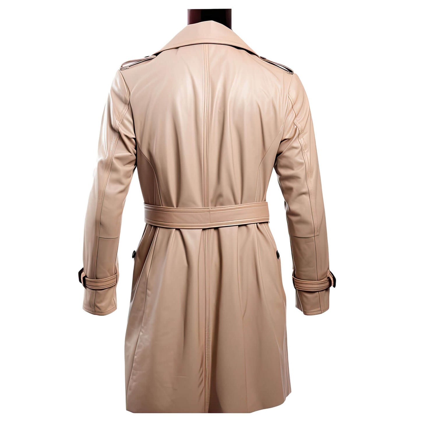 Men's Beige Genuine Sheepskin Notch Lapel Collar Casual Classy Office Outerwear Double Breasted Fashionable Leather Trench Coat - Back View - DENIMS