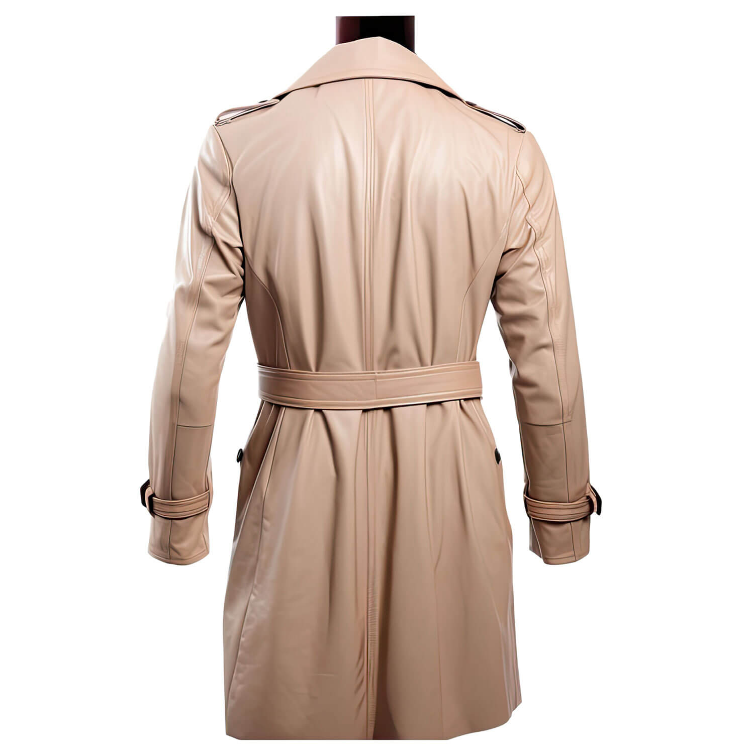 Men's Beige Genuine Sheepskin Notch Lapel Collar Casual Classy Office Outerwear Double Breasted Fashionable Leather Trench Coat - Back View - DENIMS