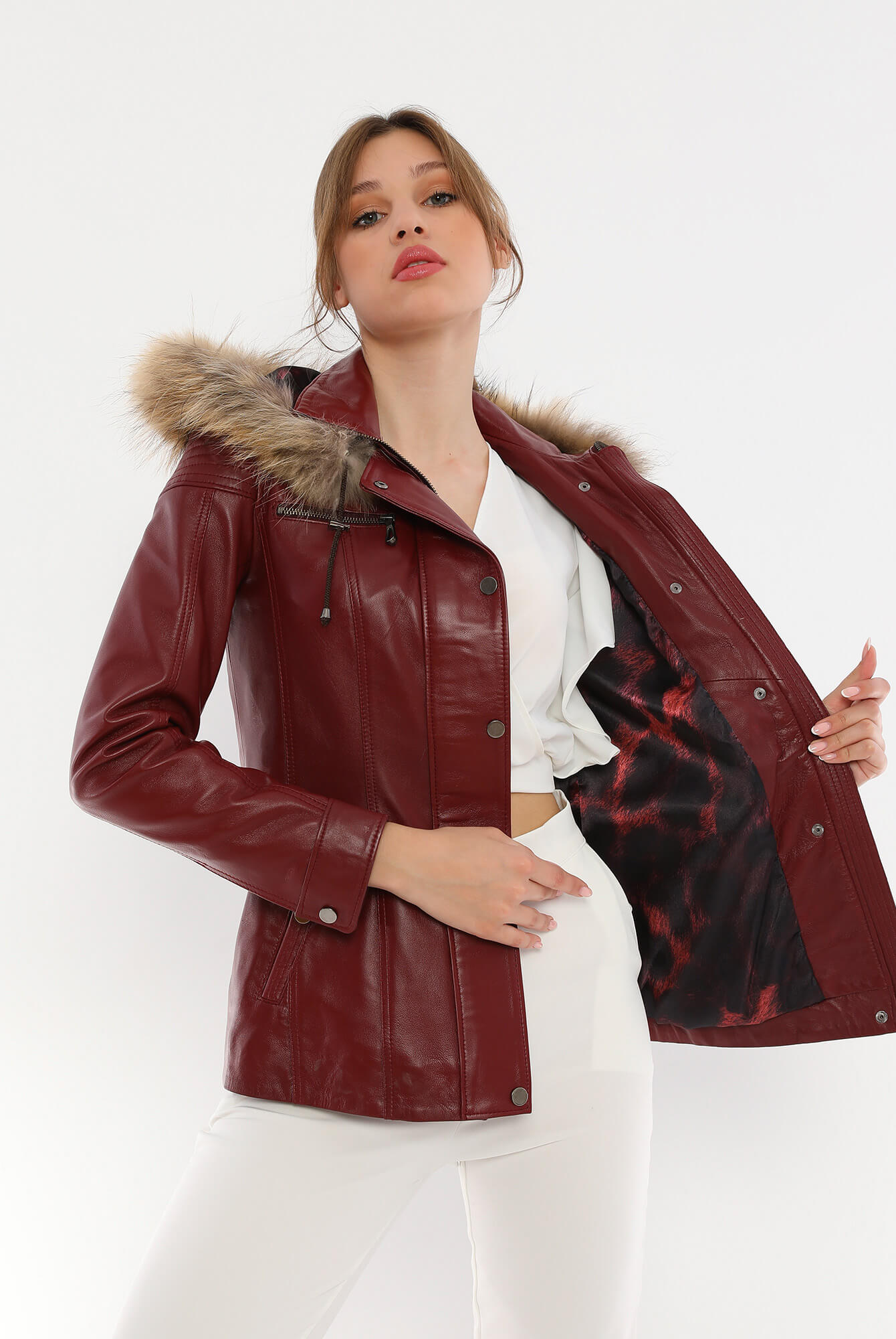 Veronica Maroon Hood Leather Jacket With Fur