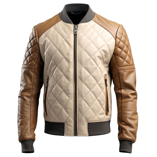 Men's Brown Beige Genuine Sheepskin Baseball Collar Classy Casual Sporty Scooter Diamond Quilted Bomber Leather Jacket - Front View - DENIMS