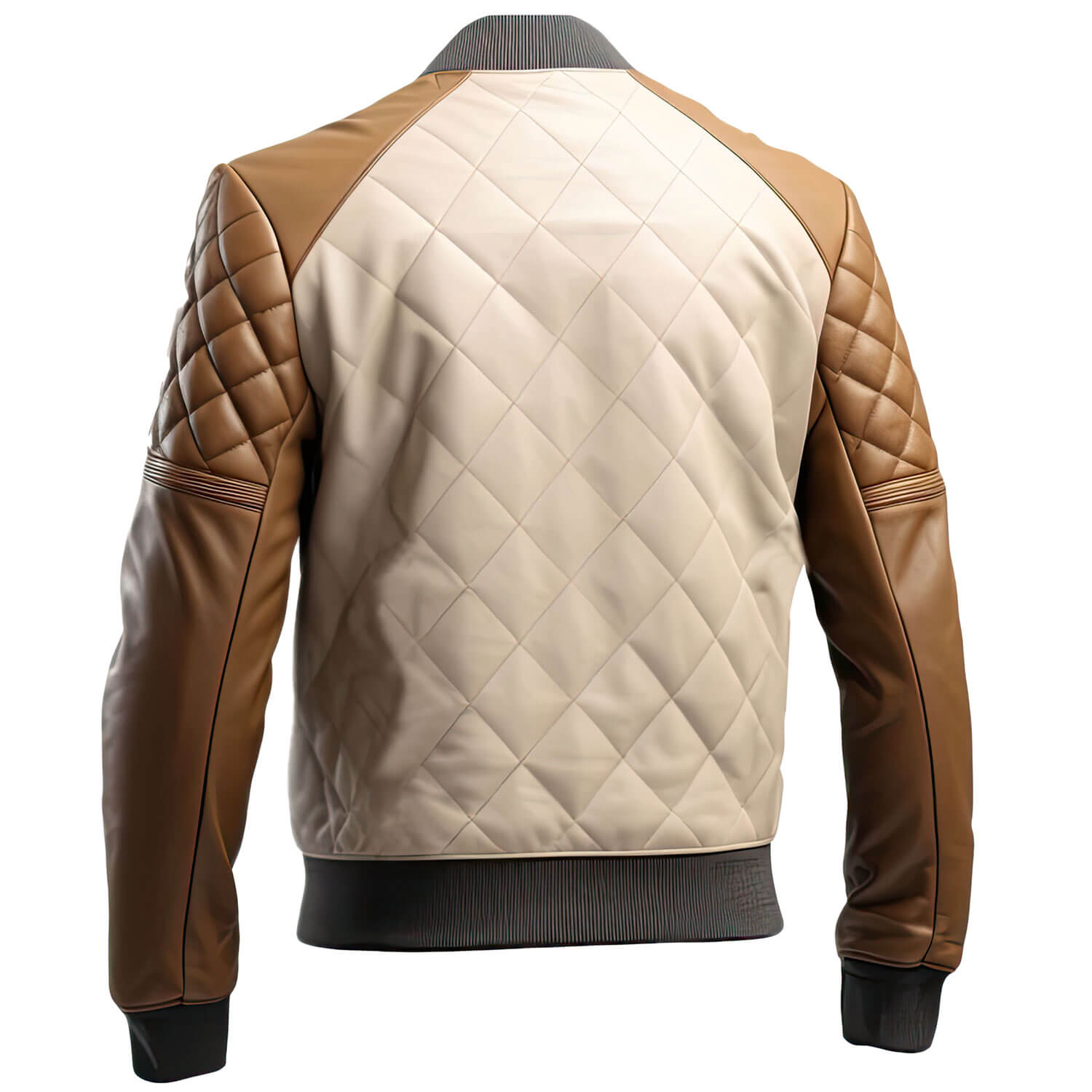 Men's Brown Beige Genuine Sheepskin Baseball Collar Classy Casual Sporty Scooter Diamond Quilted Bomber Leather Jacket - Back View - DENIMS
