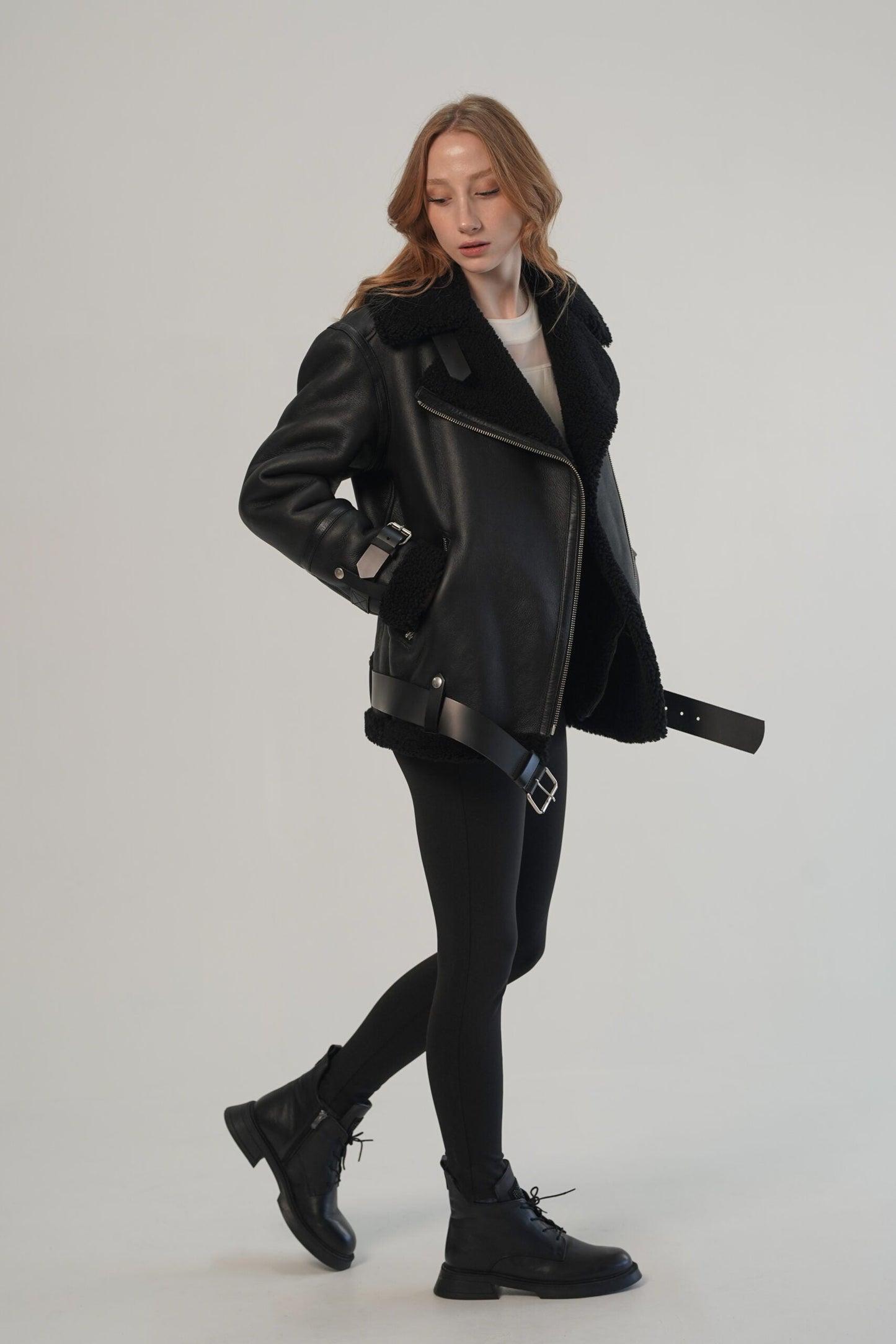 Black Biker Leather Shearling Jacket For Women