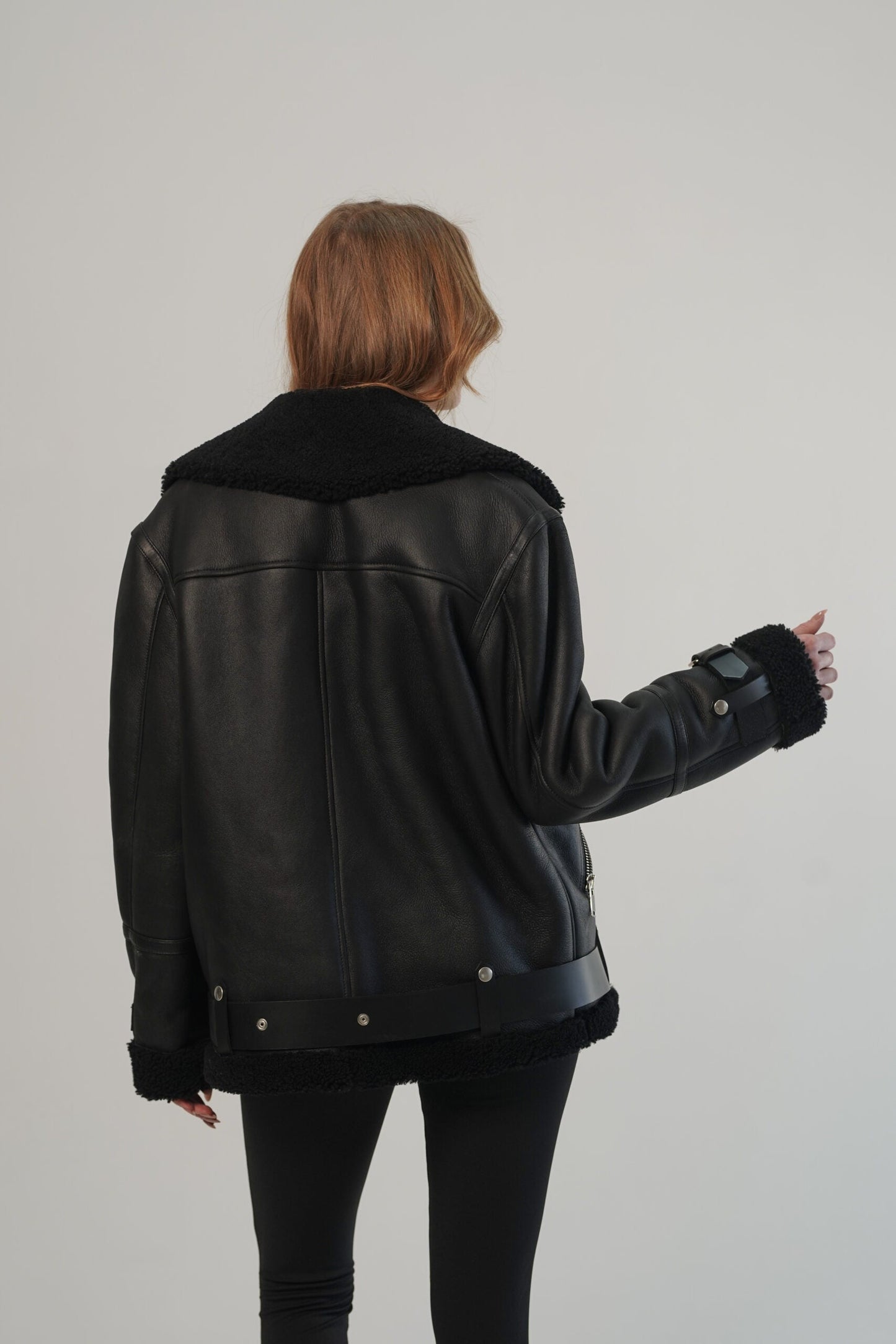 Black Biker Leather Shearling Jacket For Women
