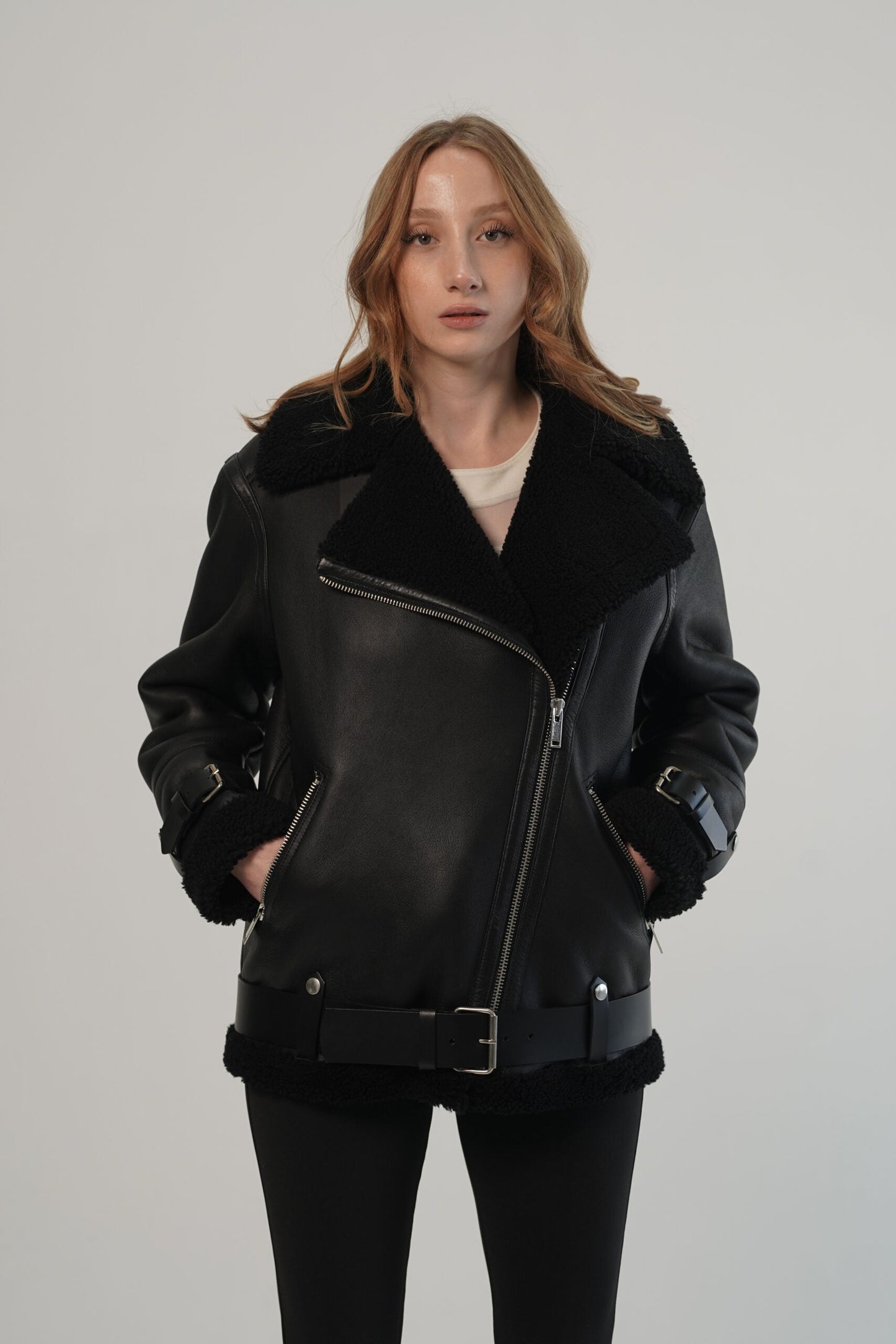 Black Biker Leather Shearling Jacket For Women