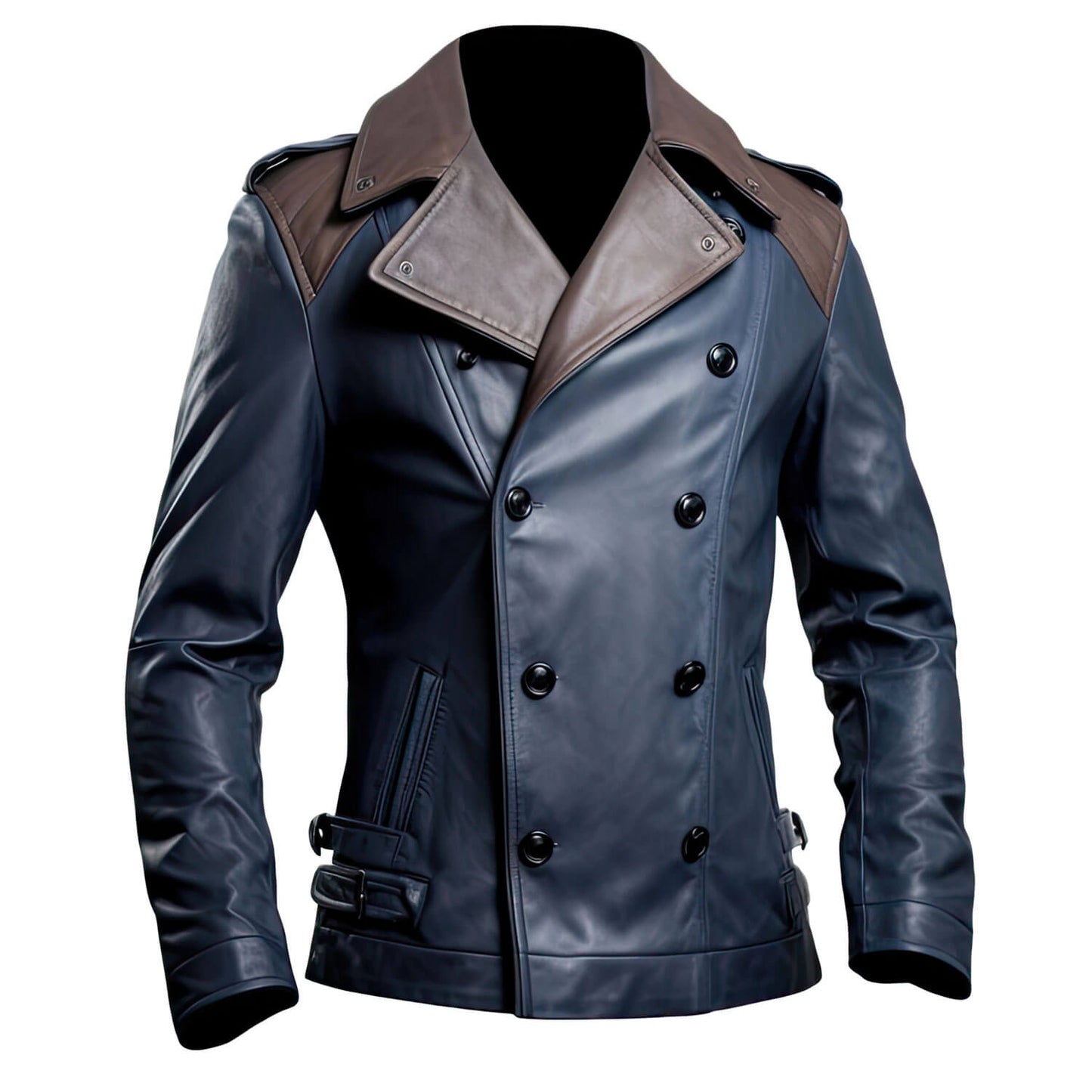 Men's Navy Blue Brown Genuine Sheepskin Notch Lapel Collar Classy Smooth Outfit Double Breasted Leather Trench Coat - Front View - DENIMS