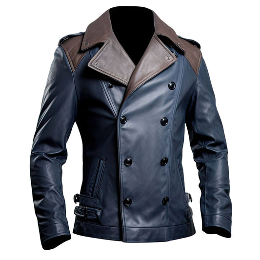Men's Navy Blue Brown Genuine Sheepskin Notch Lapel Collar Classy Smooth Outfit Double Breasted Leather Trench Coat - Front View - DENIMS