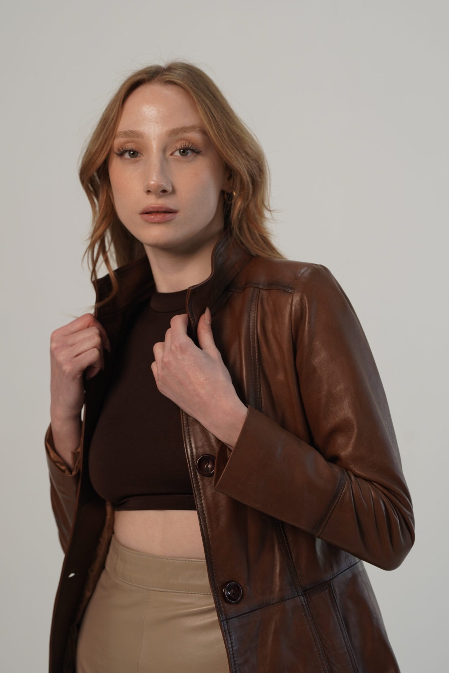 Paris Brown Leather Trench Coat For Women