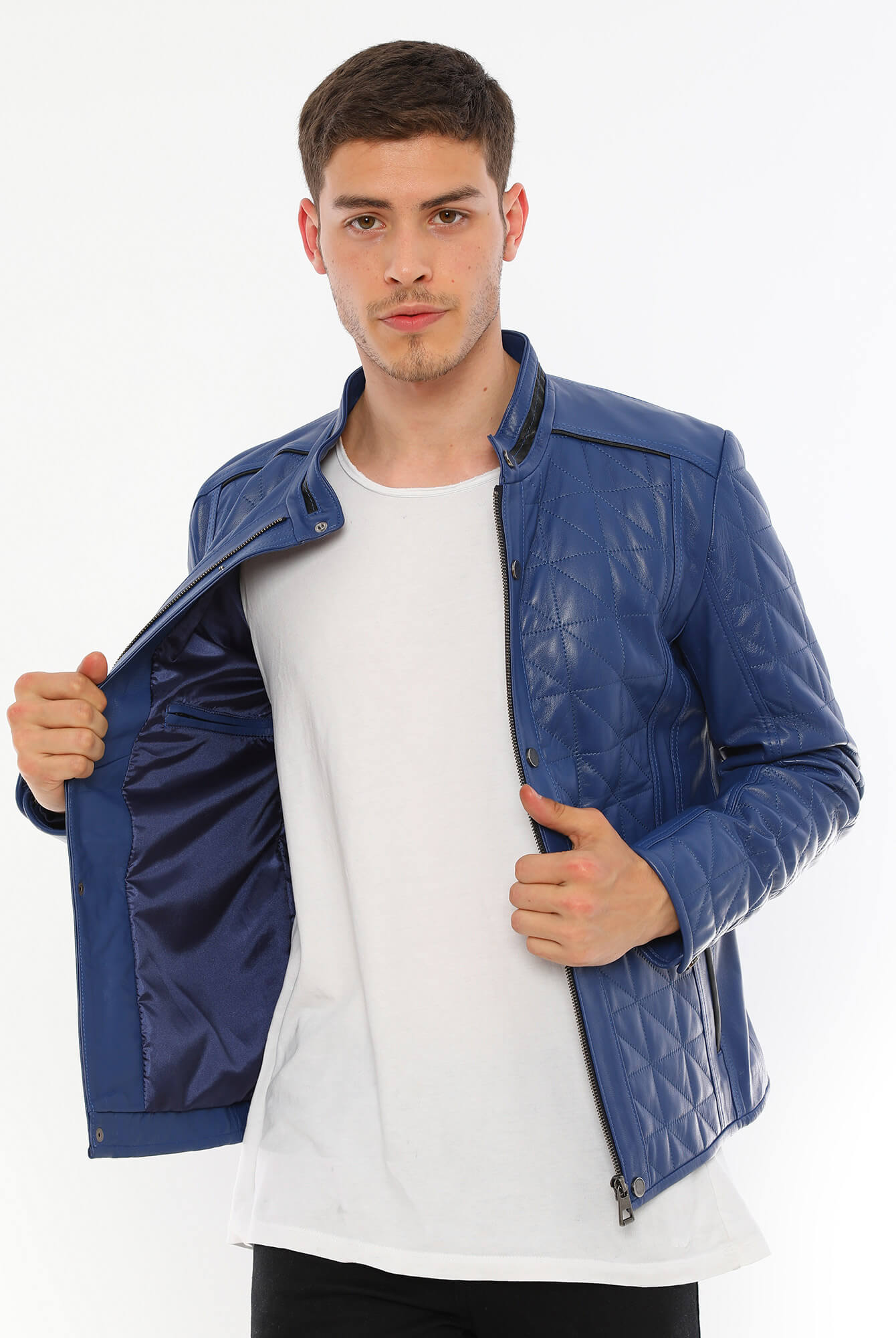 Alanzo Blue Biker Leather Jacket For Men