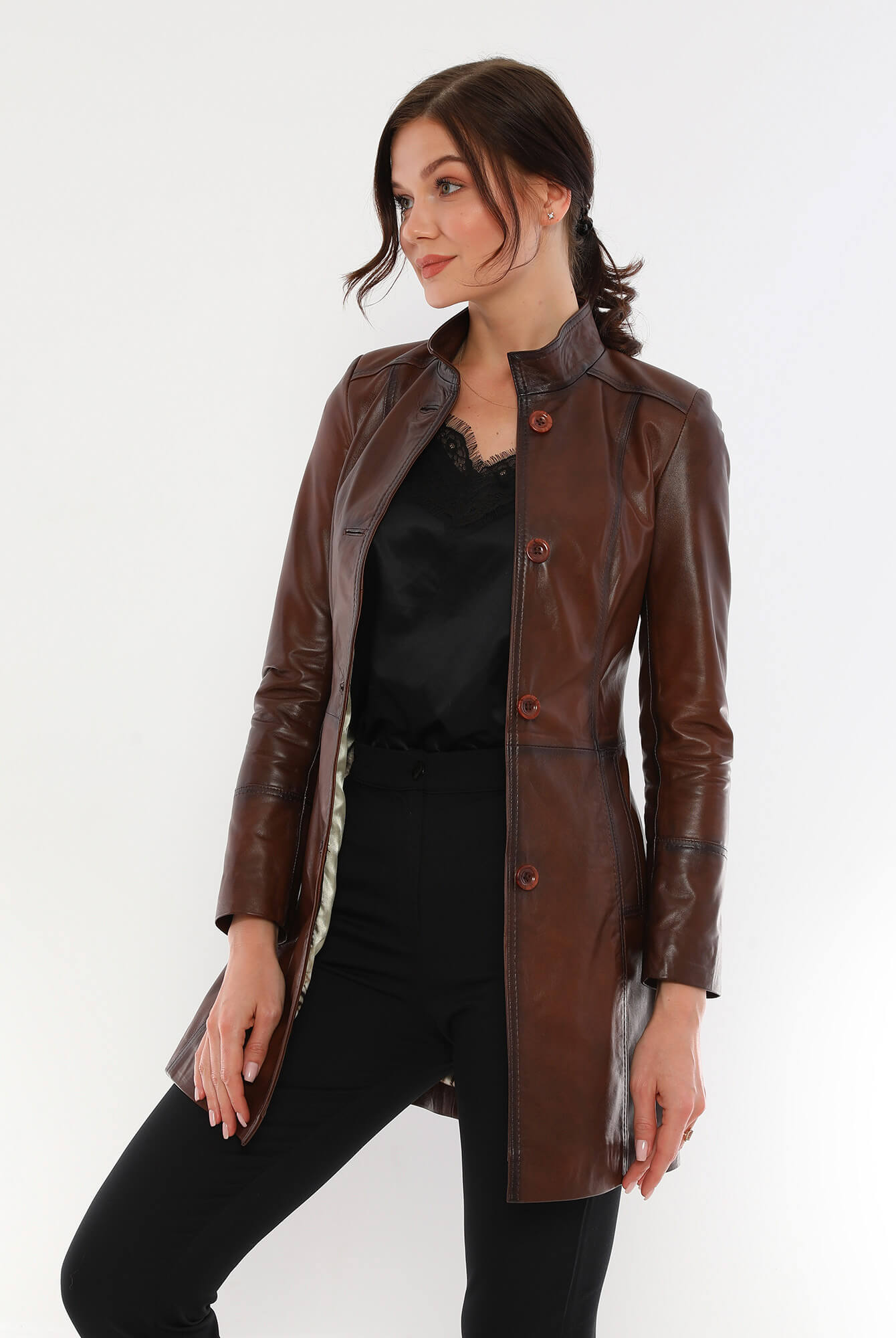 Ace Brown Premium Leather Trench Coat For Women