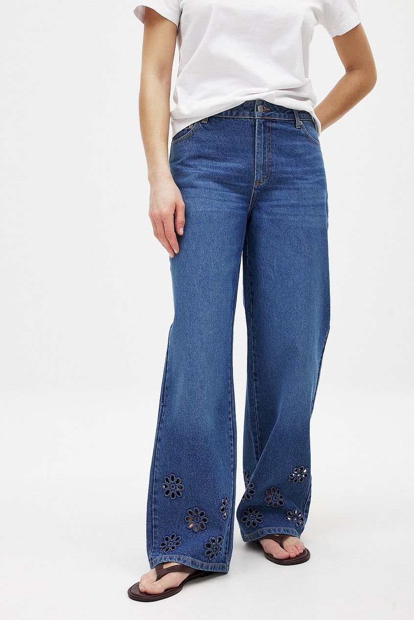 Women Flower Cut Out Mid Waist Jeans – Floral Cutout Denim, Mid-Rise Street Style | DENIMS