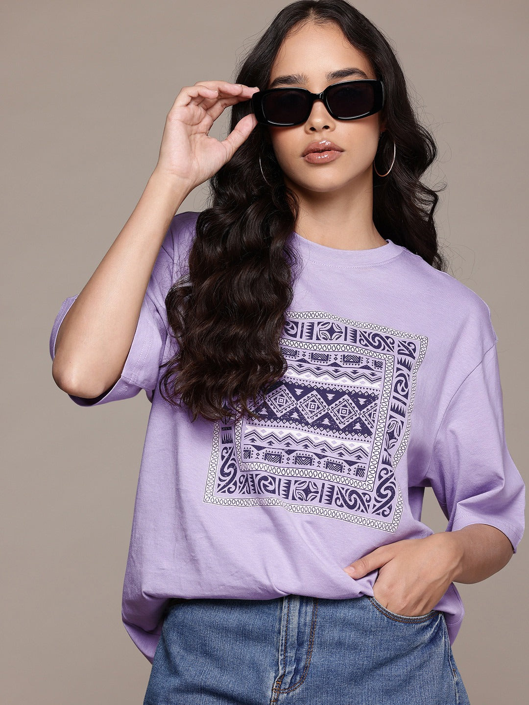 Women Lavender Tribal Print Oversized T-Shirt – Trendy Casual Wear Pakistan