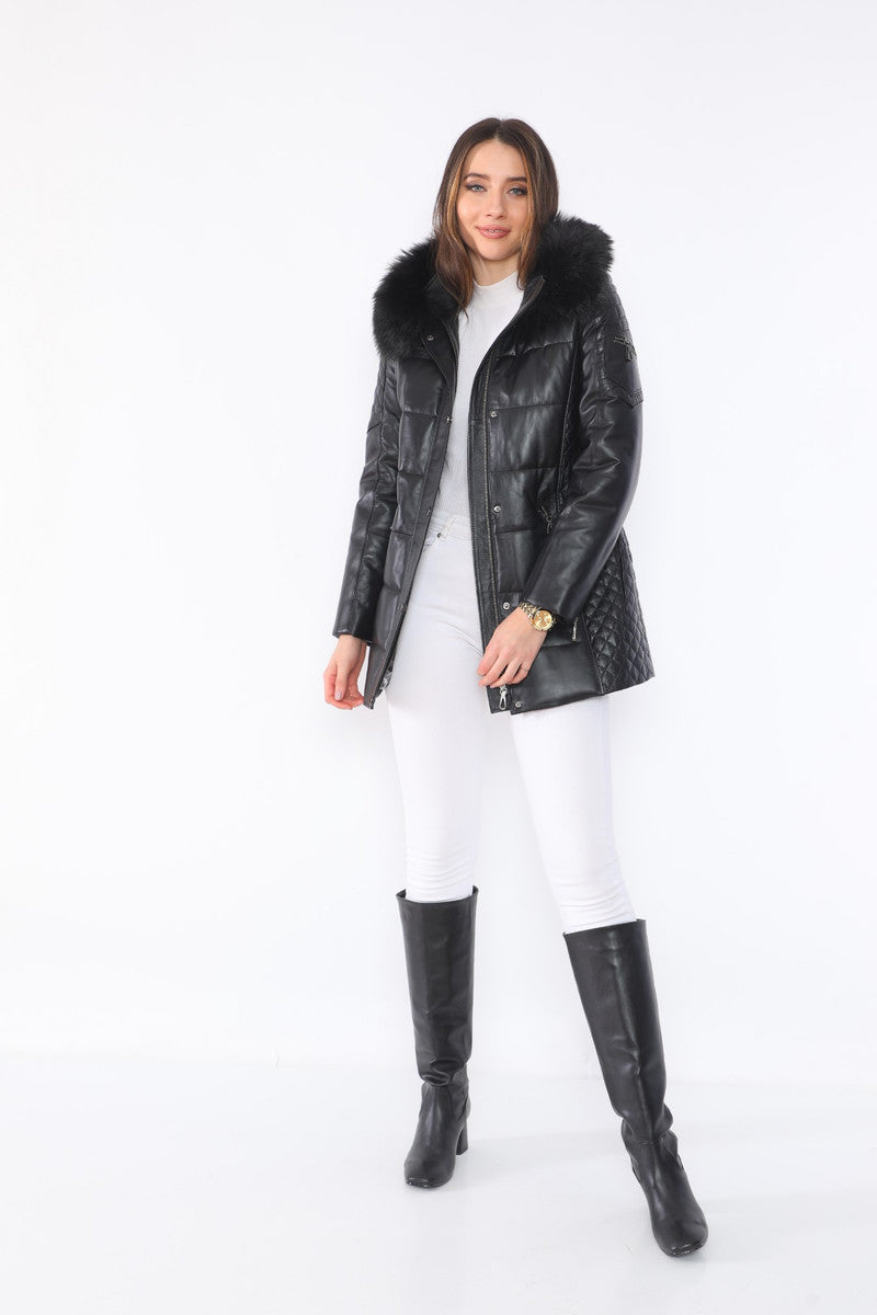 Chloe Black Fur Hood Leather Jacket For Women