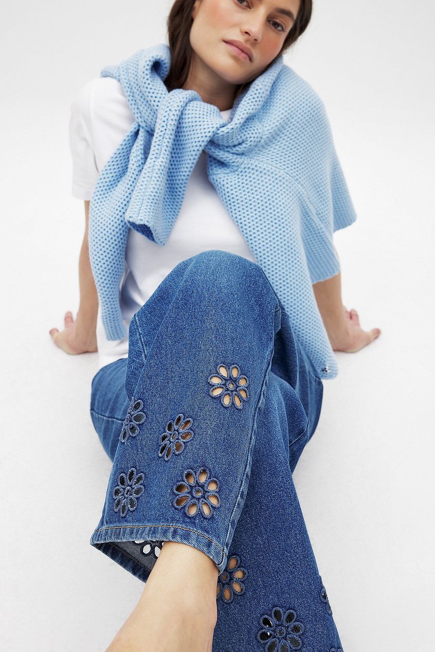 Women Flower Cut Out Mid Waist Jeans – Floral Cutout Denim, Mid-Rise Street Style | DENIMS