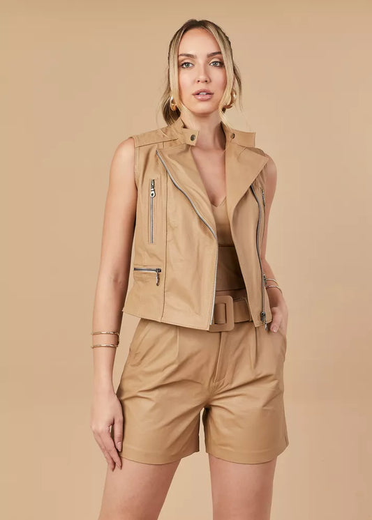 Ace Taupe Women's Biker Genuine Leather Vest