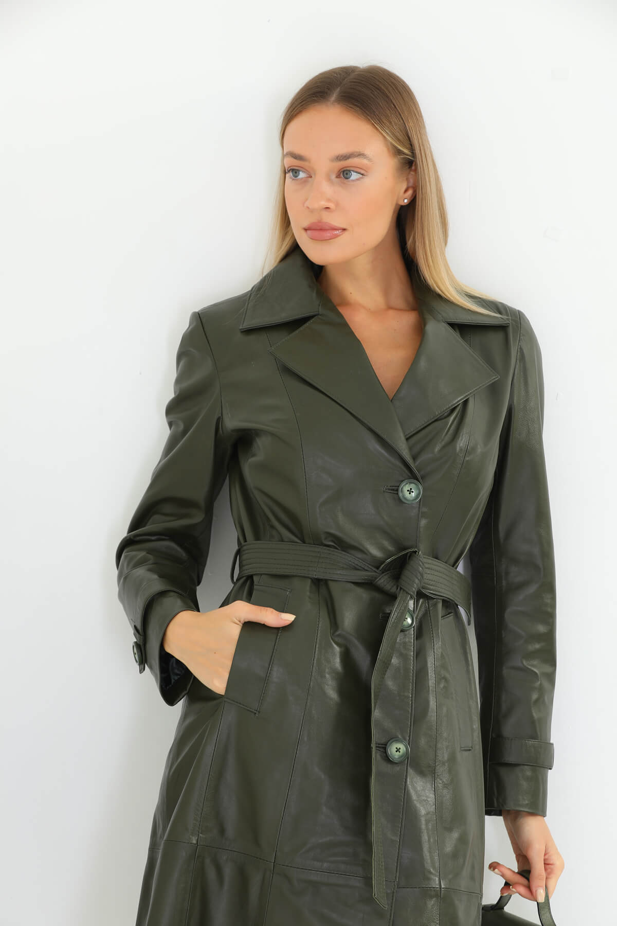 Tracy Khaki Green Leather Trench Coat For Women