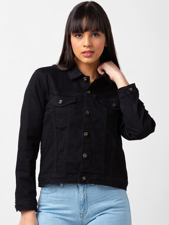 Women Spread Collar Regular Fit Denim Jacket