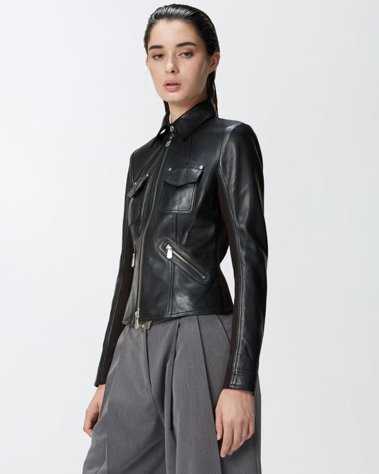 Genuine Leather & Performance Fabric Biker Jacket