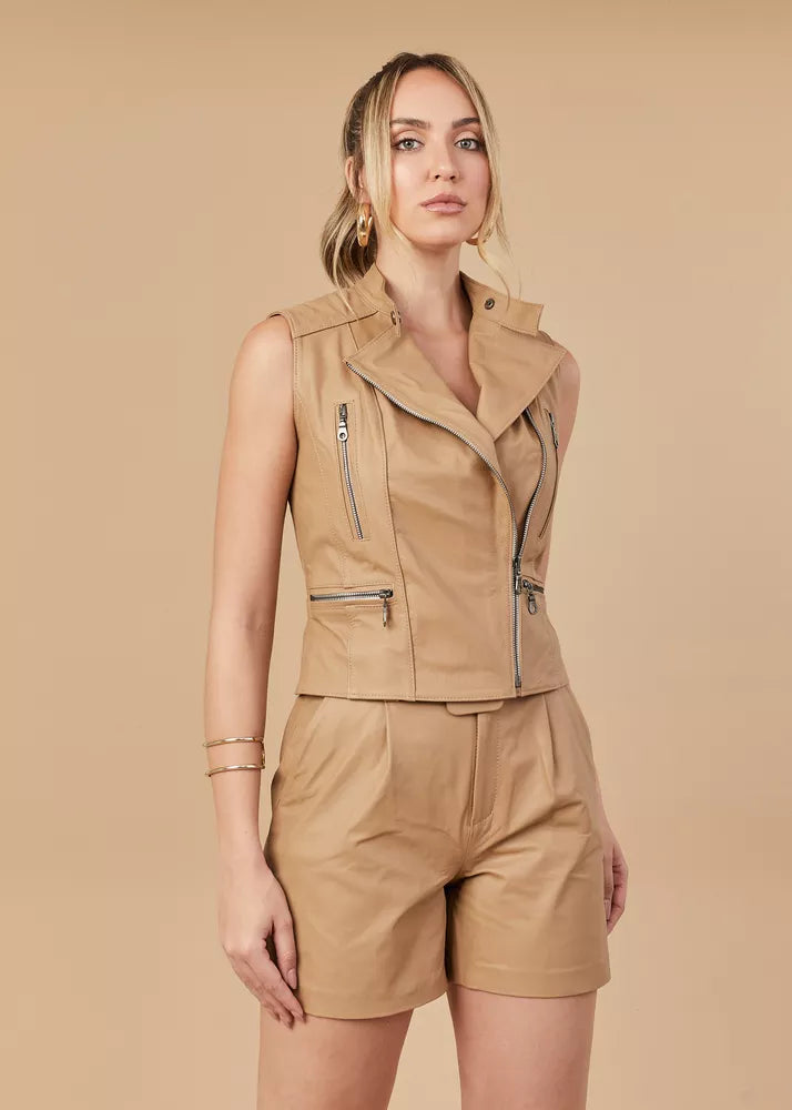 Ace Taupe Women's Biker Genuine Leather Vest