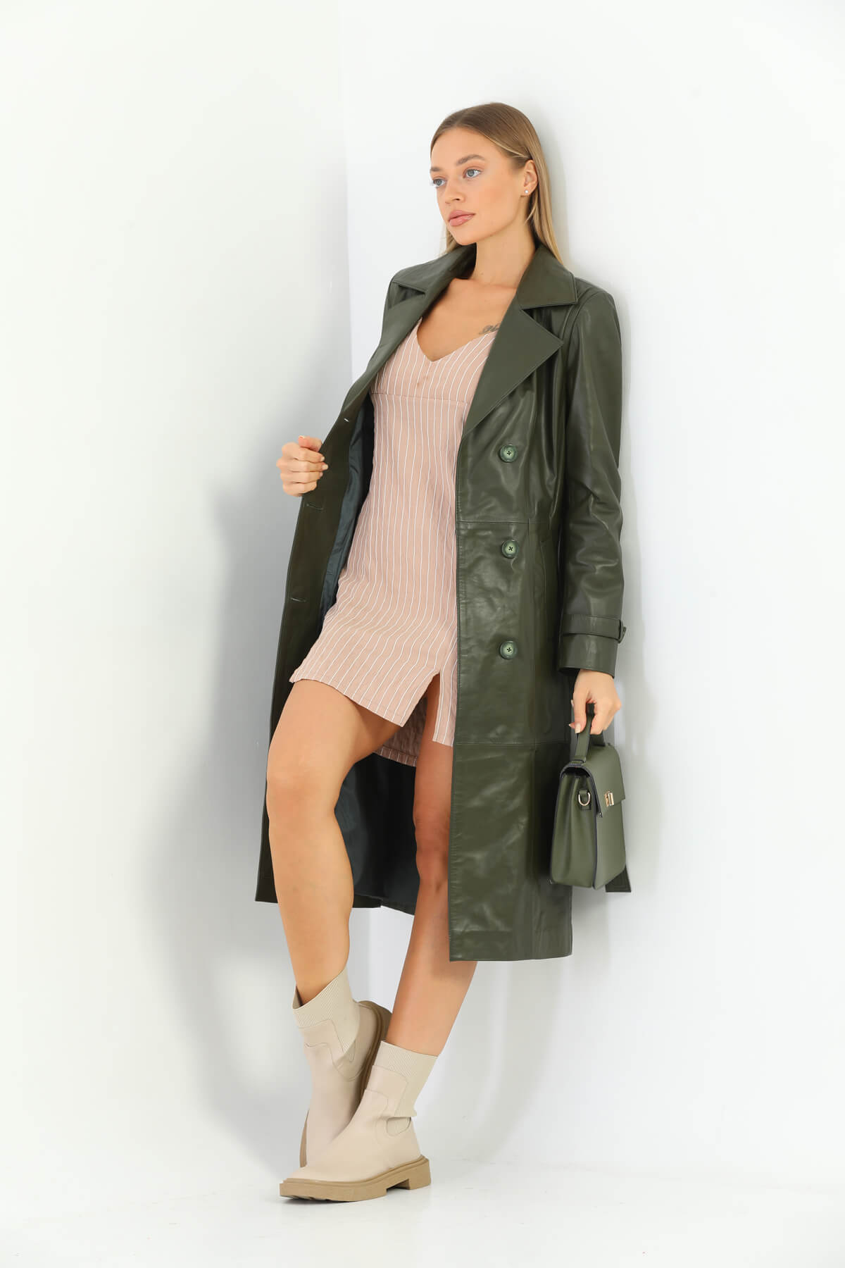 Tracy Khaki Green Leather Trench Coat For Women