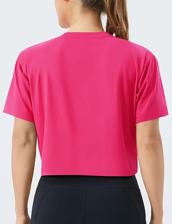 Women's Workout Gym Crop Top T-Shirt Yoga Running Cropped Basic Tee Pink