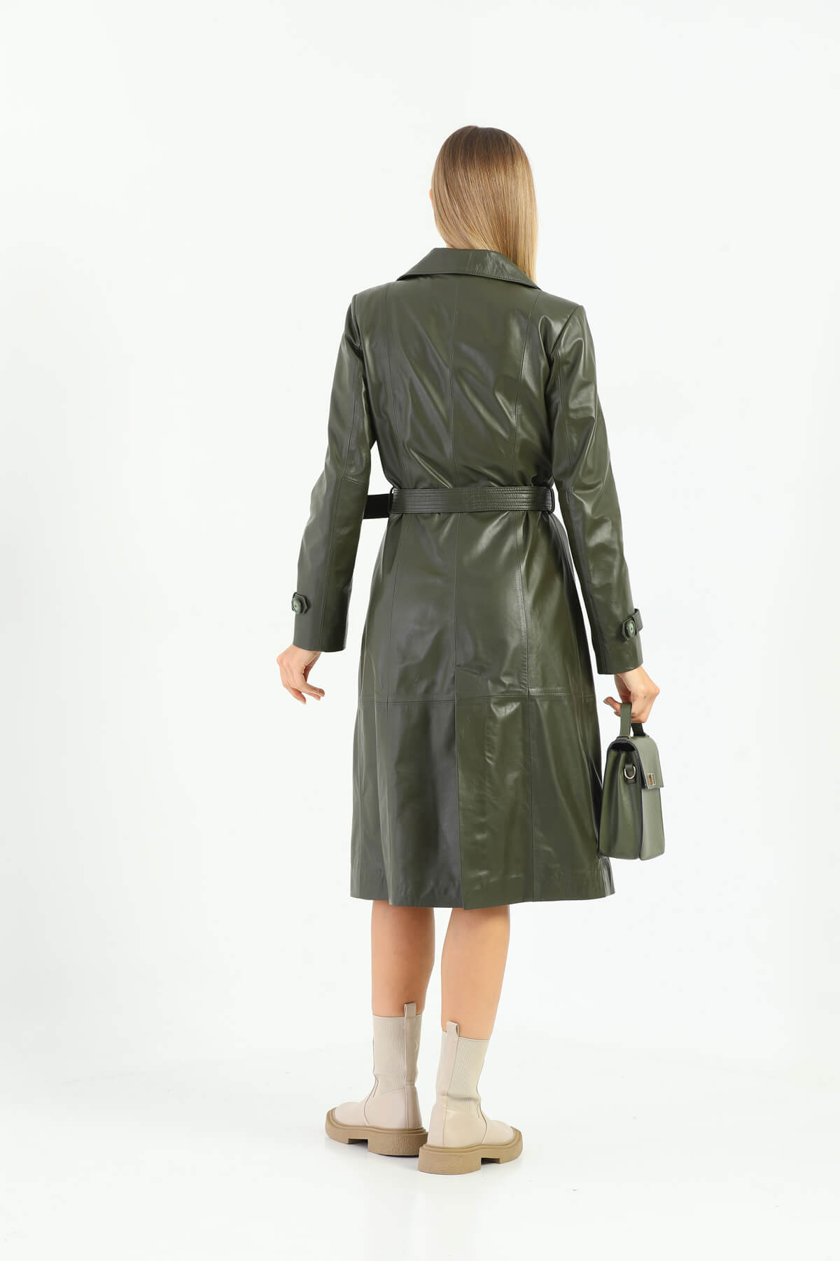 Tracy Khaki Green Leather Trench Coat For Women