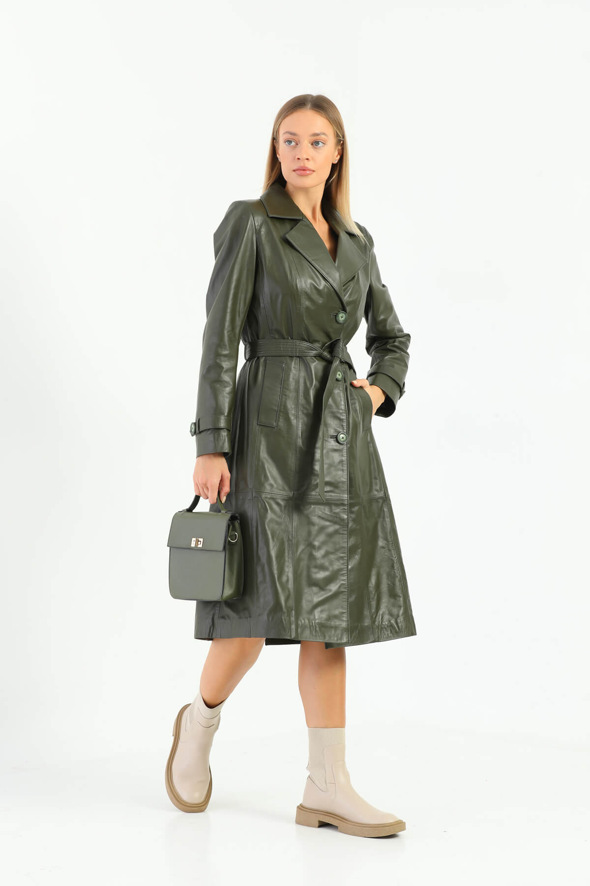 Tracy Khaki Green Leather Trench Coat For Women