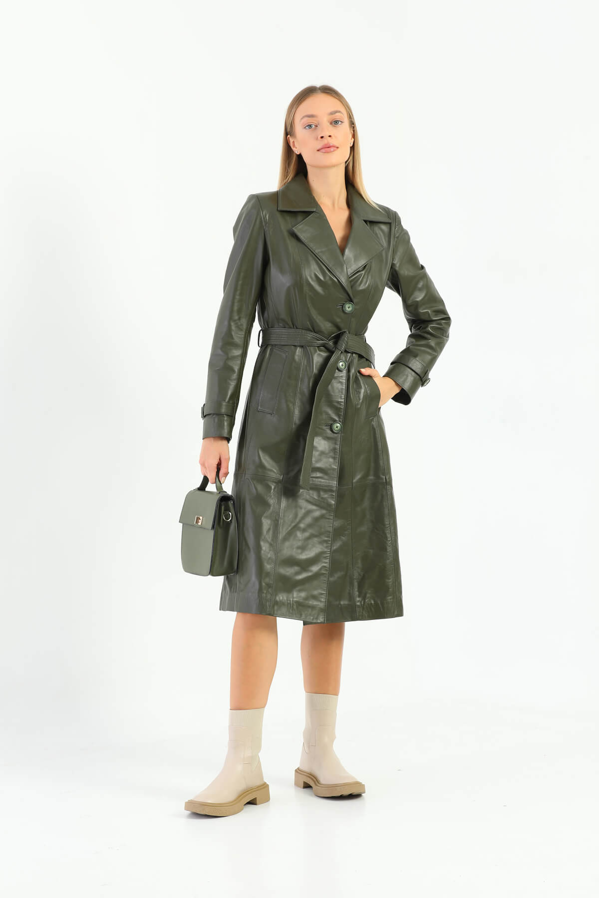 Tracy Khaki Green Leather Trench Coat For Women