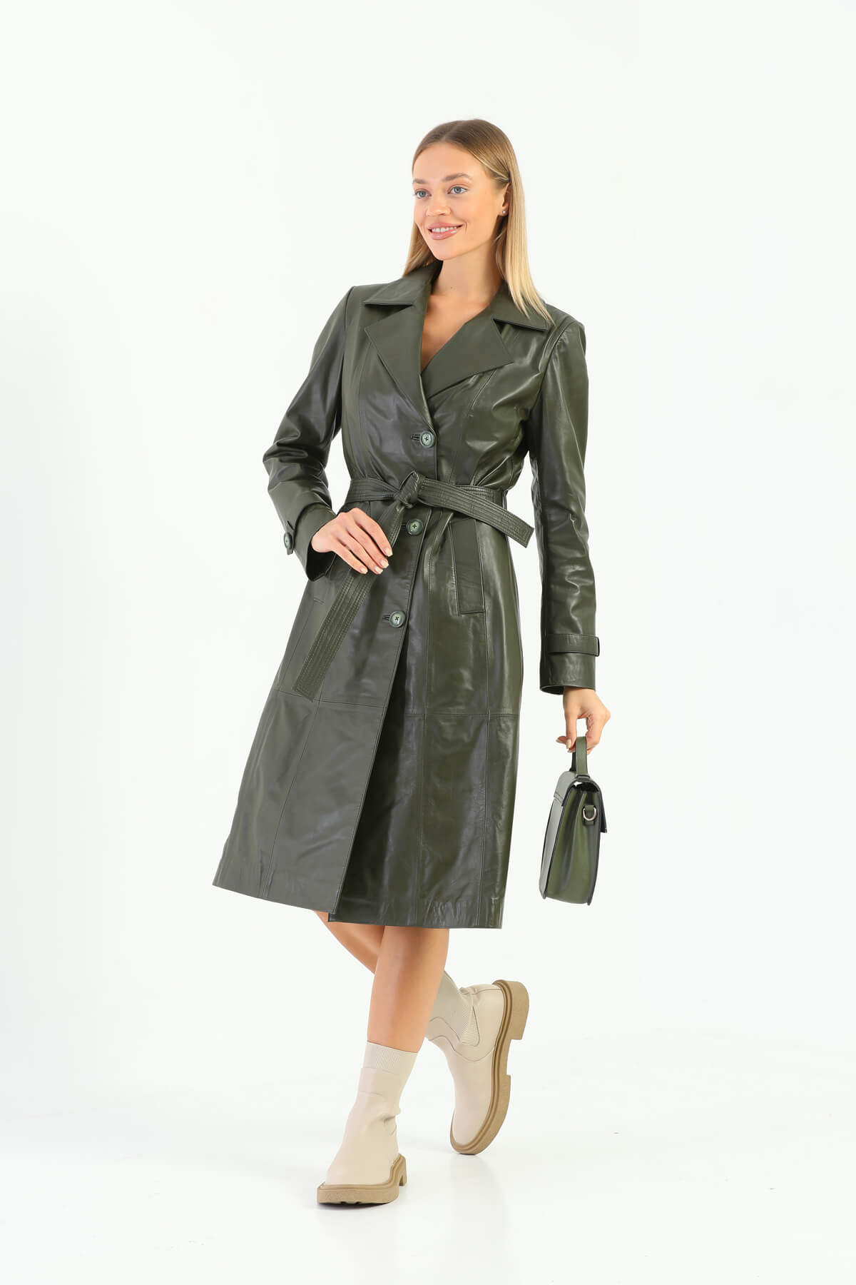 Tracy Khaki Green Leather Trench Coat For Women