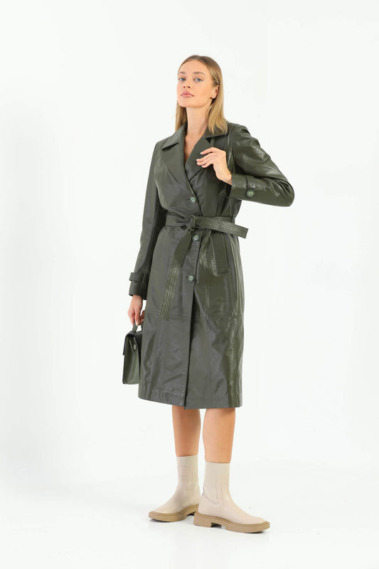 Tracy Khaki Green Leather Trench Coat For Women