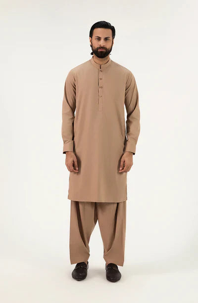 Classic Band Collar Shalwar Suit - Light Brown