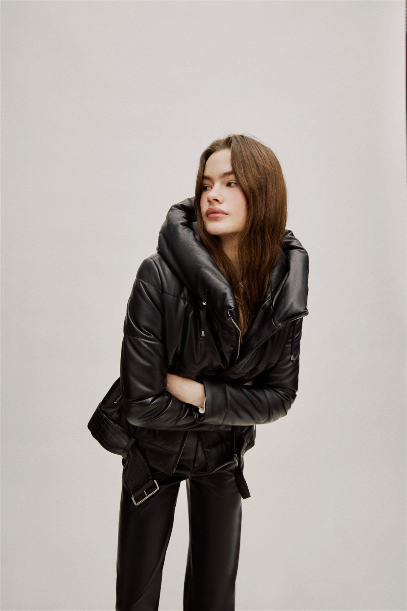 Puffer Black Leather Jacket For Women
