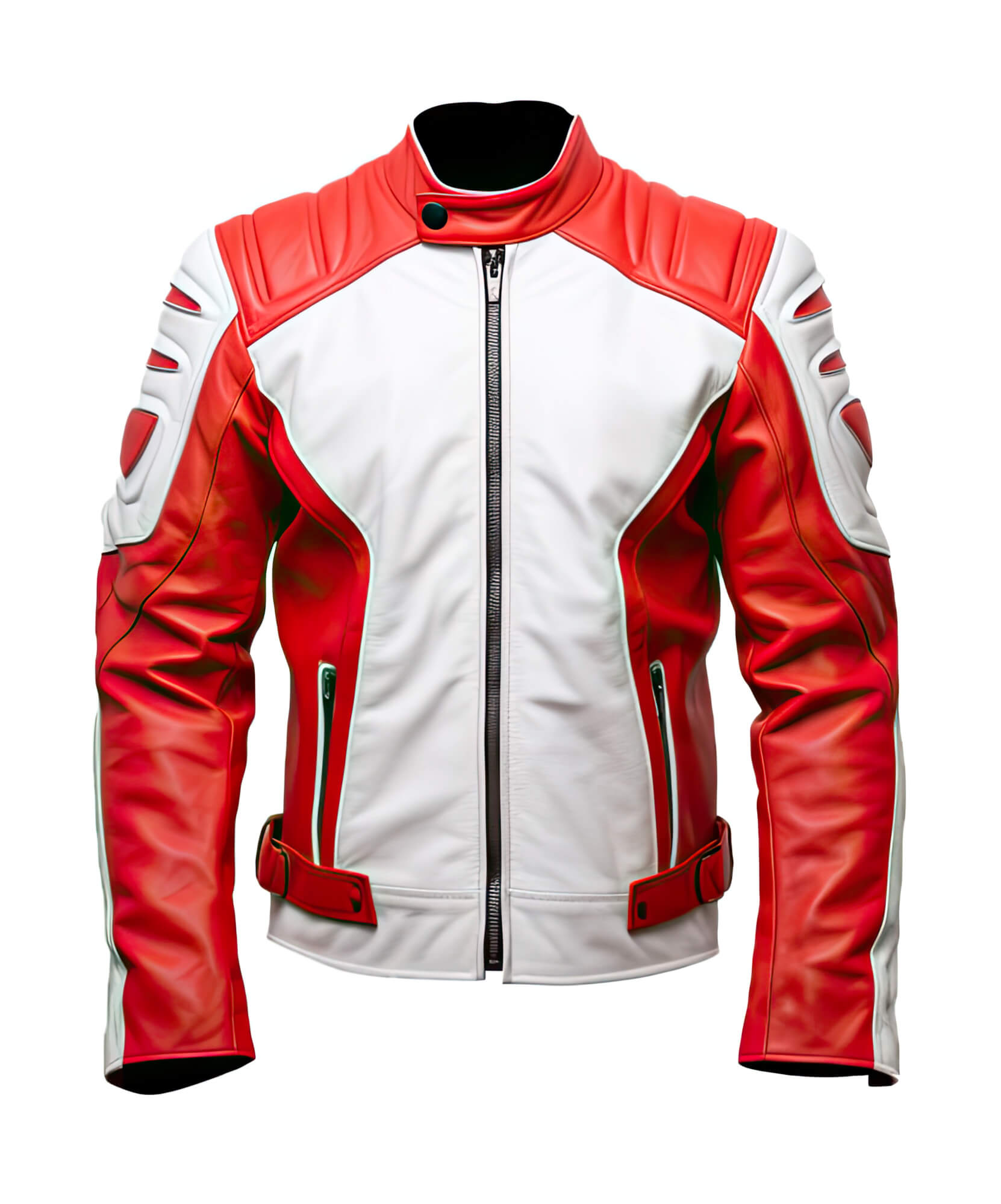 Men's Red White Genuine Sheepskin Stand Collar Zip-Up Elegant Winter Lightweight Punk Biker Scooter Leather Jacket - Front View - DENIMS