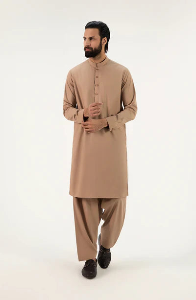 Classic Band Collar Shalwar Suit - Light Brown