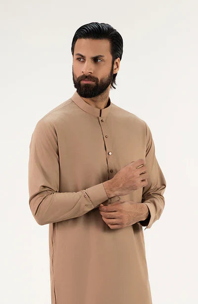 Classic Band Collar Shalwar Suit - Light Brown