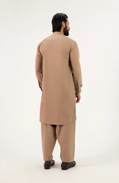 Classic Band Collar Shalwar Suit - Light Brown