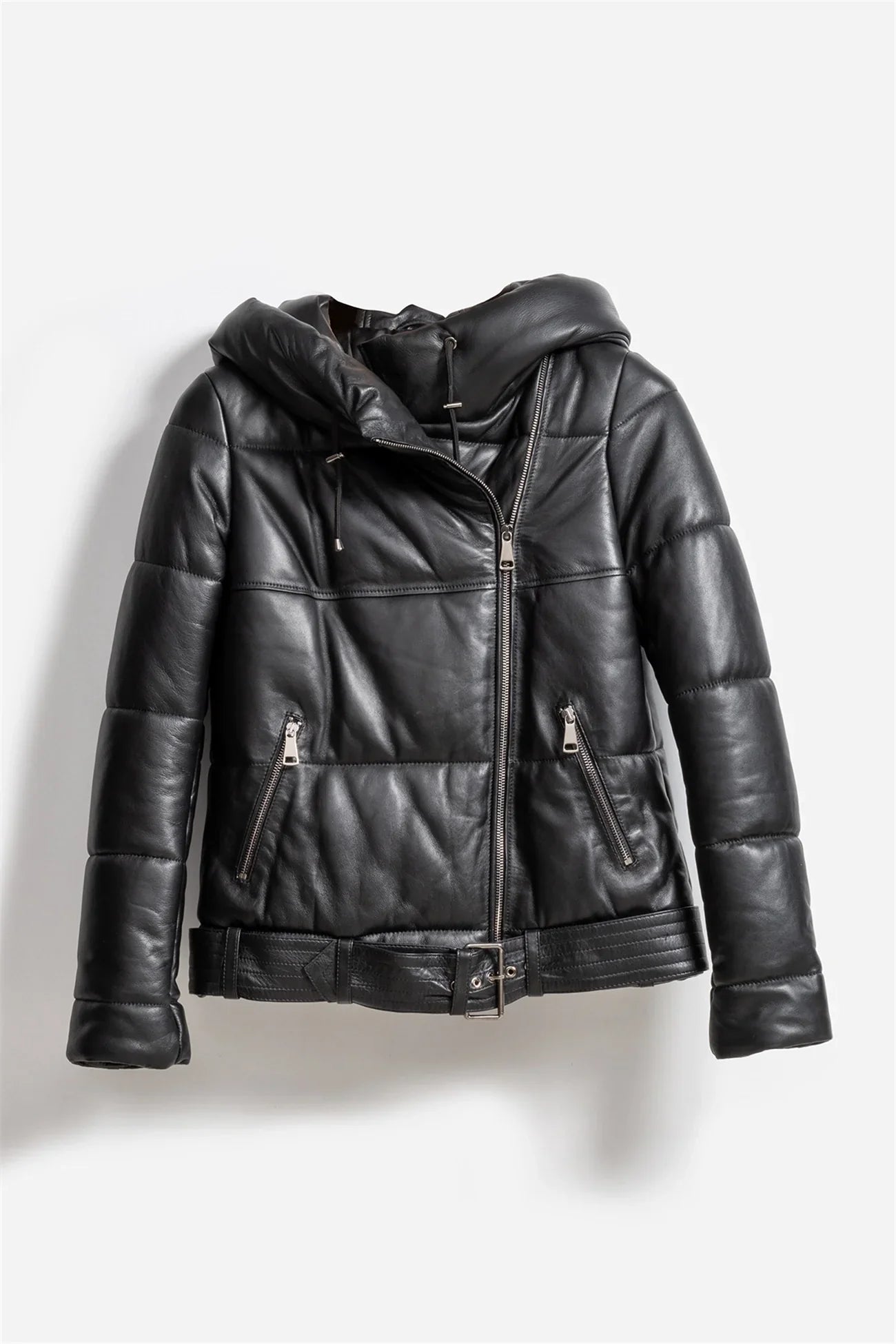Puffer Black Leather Jacket For Women