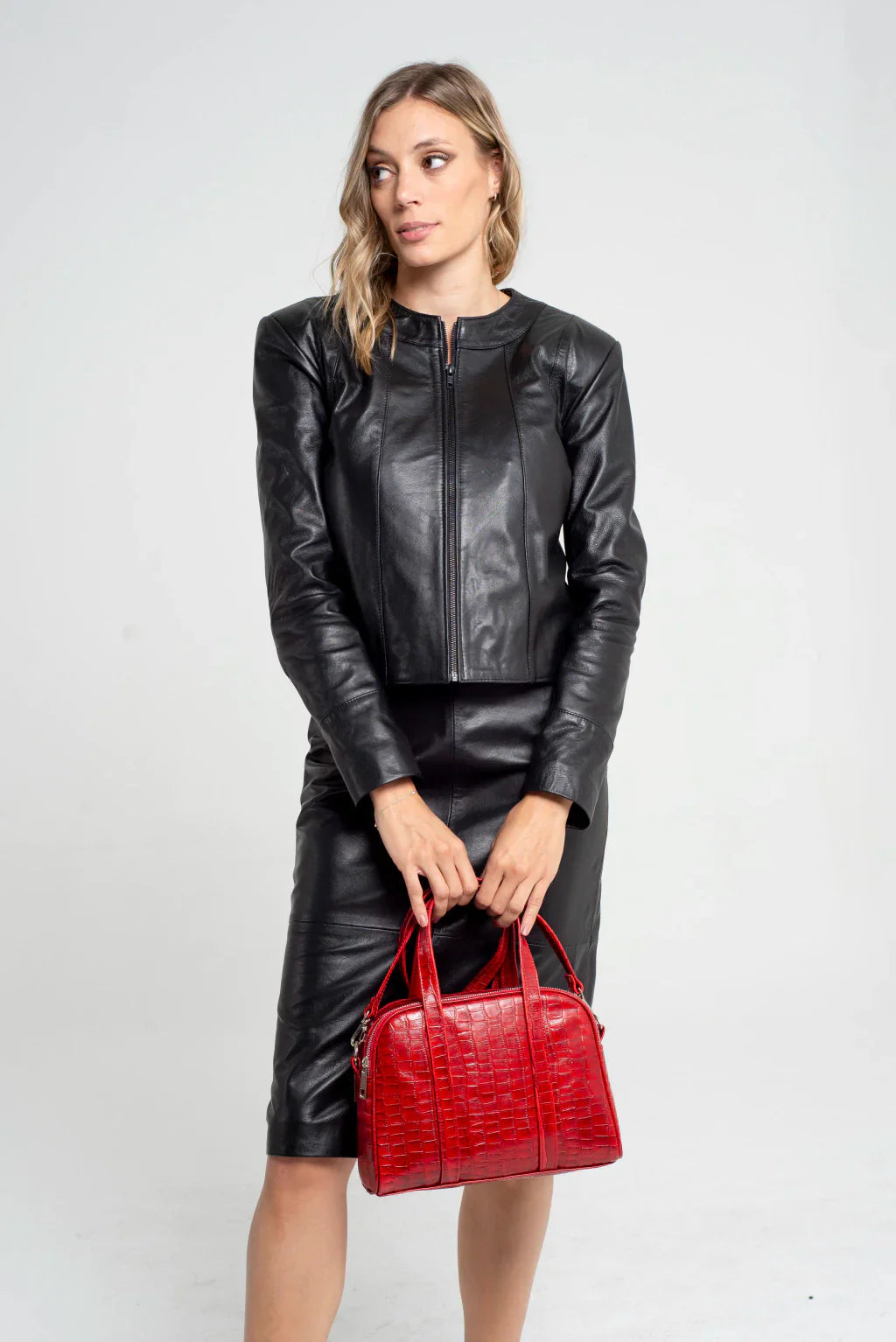 Black Collarless Women Leather Jacket