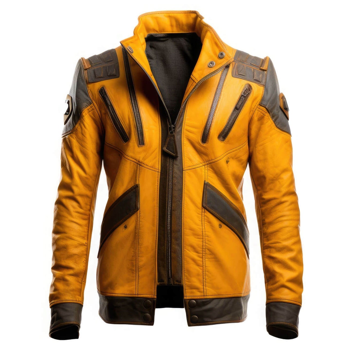 Men's Brown Mustard Yellow Genuine Sheepskin Stand Collar Vintage Outerwear Winter Warm Military Style Leather Jacket - Front View - DENIMS