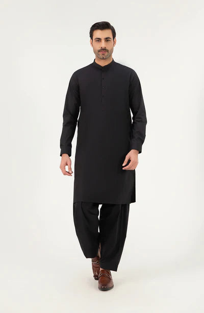 Classic Band Collar Shalwar Suit - Black