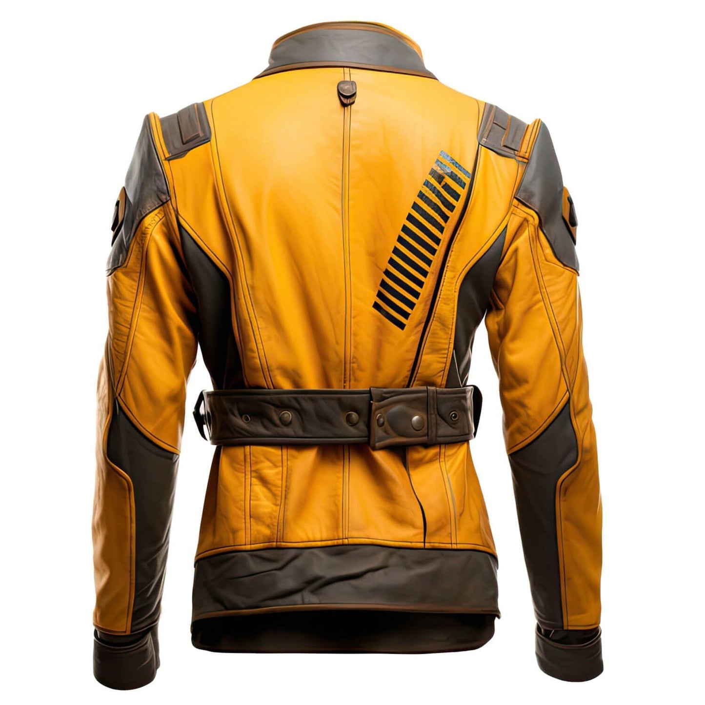 Men's Brown Mustard Yellow Genuine Sheepskin Stand Collar Vintage Outerwear Winter Warm Military Style Leather Jacket - Back View - DENIMS