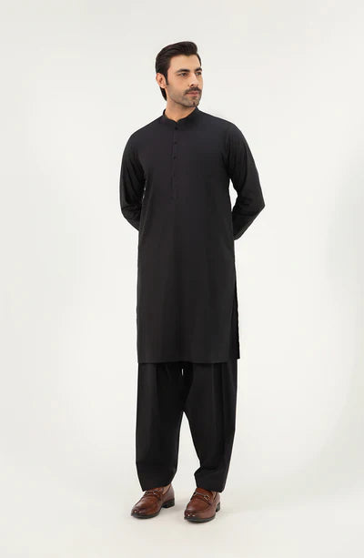 Classic Band Collar Shalwar Suit - Black