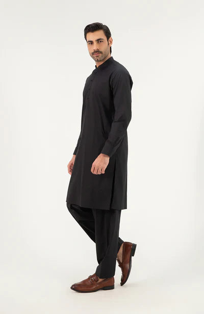 Classic Band Collar Shalwar Suit - Black
