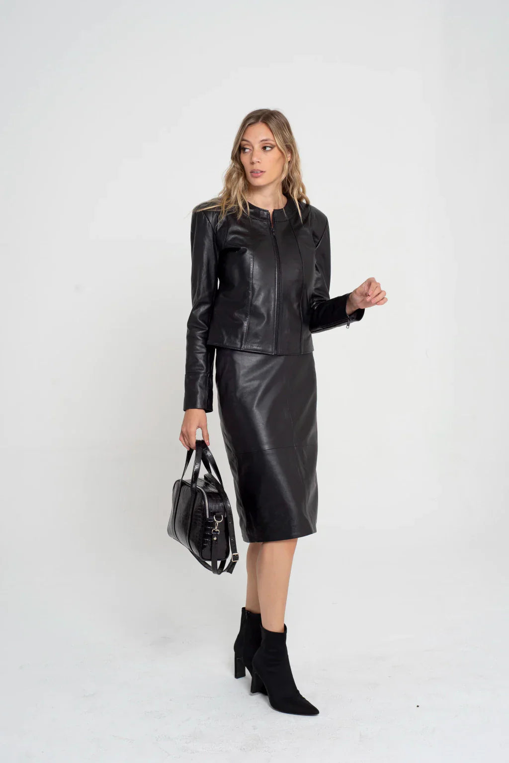 Black Collarless Women Leather Jacket