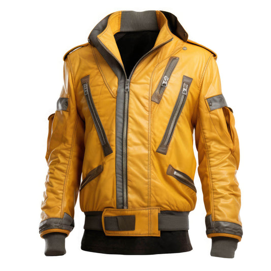 Men's Mustard Yellow Grey Genuine Sheepskin Stand Collar Baggy Style Miliary Style Multi-Zippered Bomber Leather Jacket - Front View - DENIMS